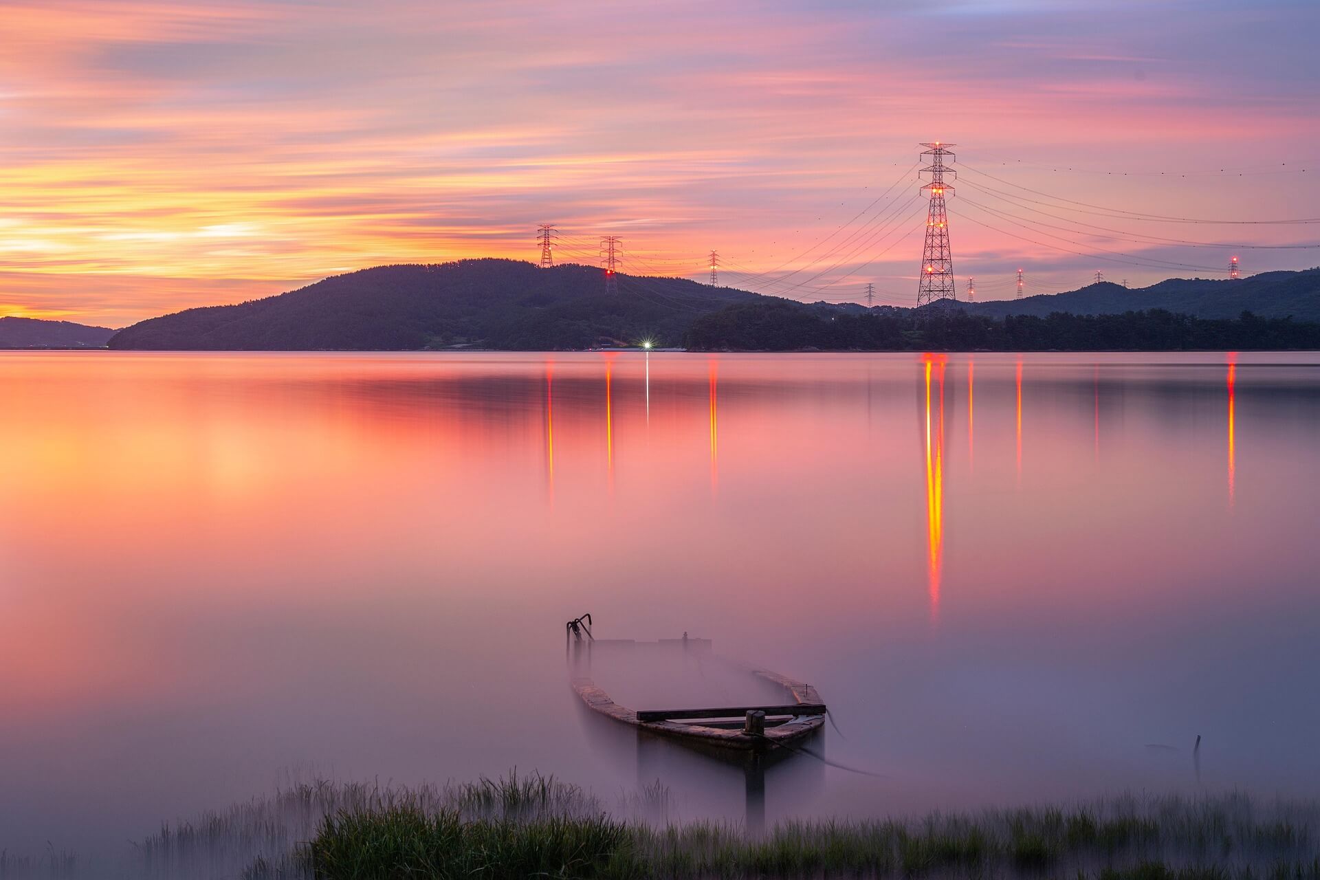 Water Boat Power Lines at Dawn